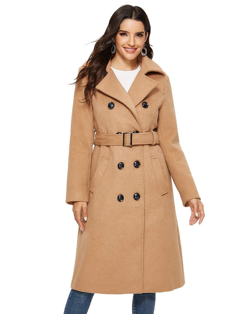 Escalier Womens Wool Coat Double Breasted Pea Coat Winter Long Trench Coat with Belt Camel XXL - Image 2